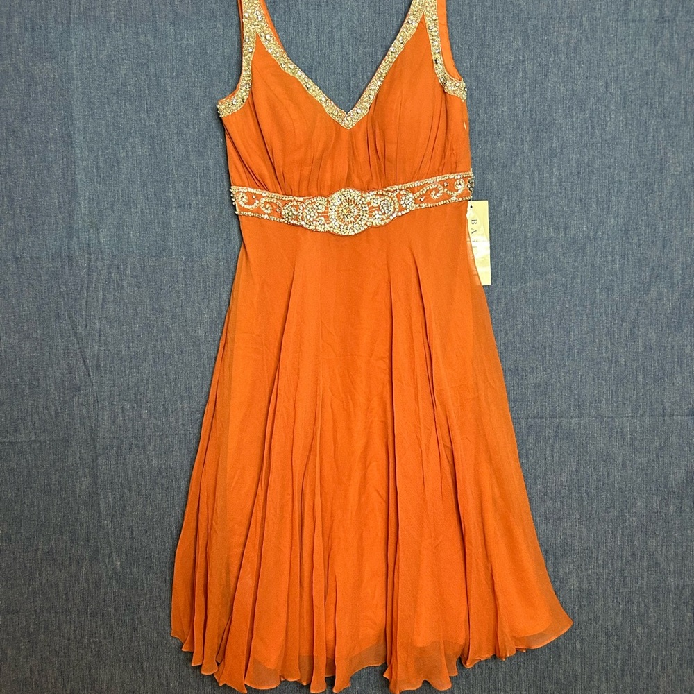 Basix II 100% Silk Rusty Brown Beaded V-Neck Dress